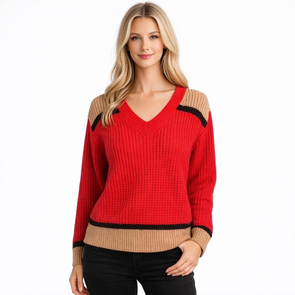 MARNI x UNIQLO Red & Tan Color Block V Neck Sweater Popcorn Knit Size XXL